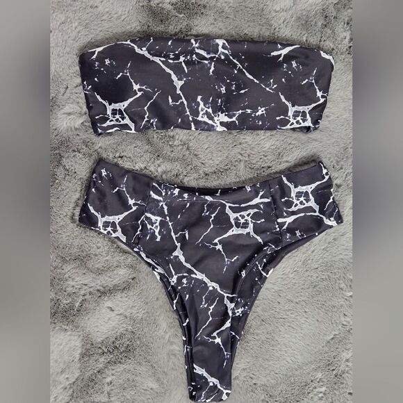 Zaful Marble Print Bikini Set Bandea Top High Waist Cheeky Bottoms Sz M … - Picture 1 of 7